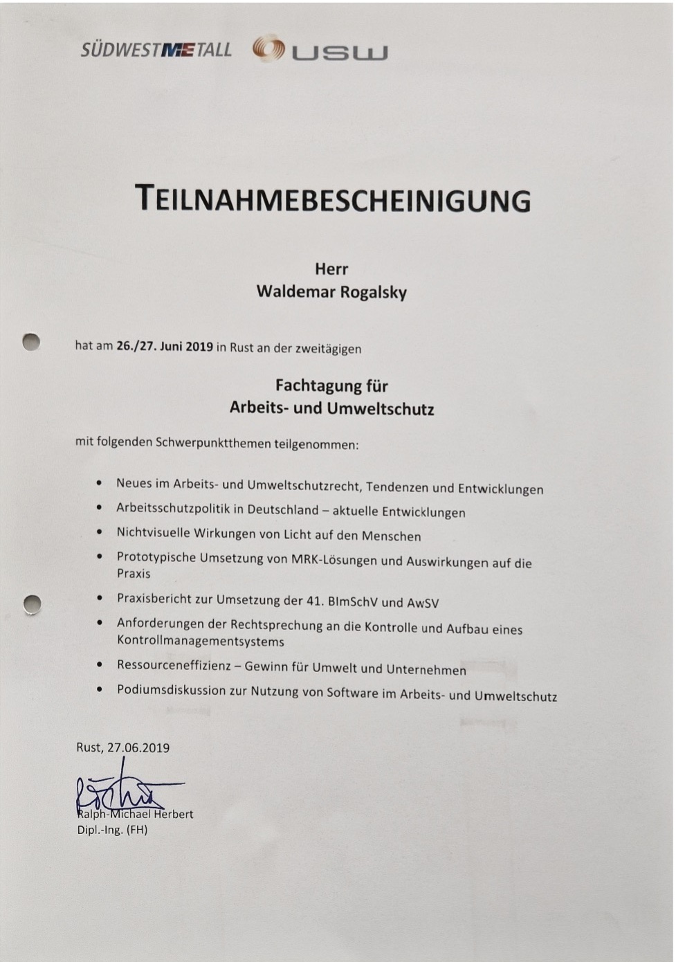 Bescheinigung Fachtagung Arbeits- und Umweltschutz 2019